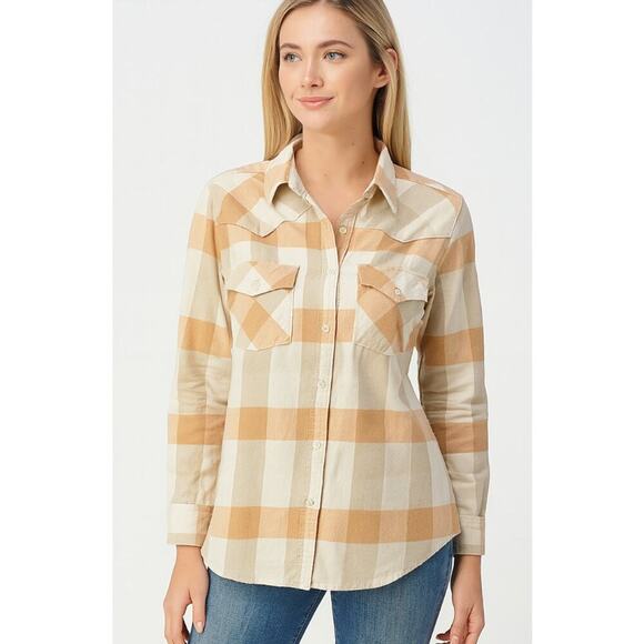 Shyanne button down top flannel plaid western country pumpkin Fall SZ LG orange - Picture 1 of 7